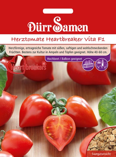 Samenpackung für Herztomate Heartbreaker Vita F1 von Dürr Samen, herzförmige Früchte, geeignet für Hochbeete und Balkone.