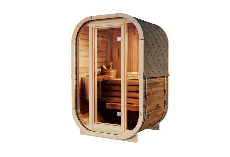 Fasssauna aus Holz für den Außenbereich mit Glastür, Schindeldach und Innenausstattung.