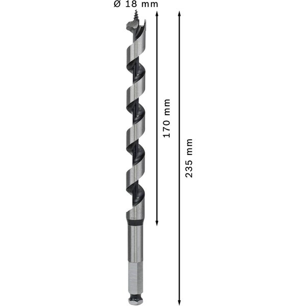 Holzbohrer mit einem Durchmesser von 18 Millimetern und einer Länge von 235 Millimetern.