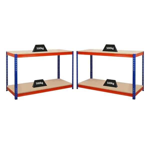 PROREGAL Mega Deal 2x Profi Werkbank STRONG BEAST, HxBxT 90x150x60cm mit Fachlast 500kg, 2 Ebenen, Blau-Orange