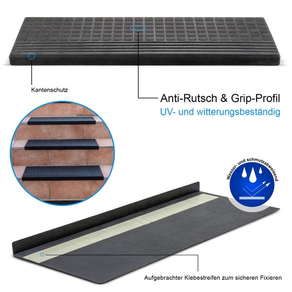 BigDean 5er Set Stufenmatten aus Gummi - 65x25cm - Treppenstufen Matten für Außen Outdoor - Antirutschmatten Treppe Anti-Rutsch Gummimatten
