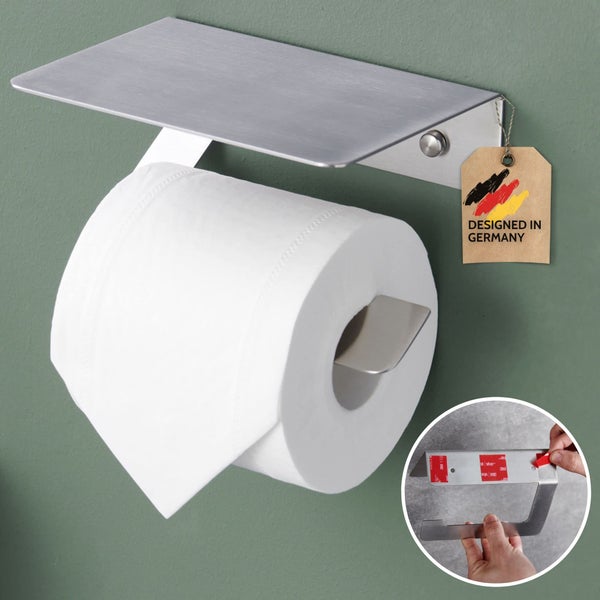 Toilettenpapierhalter mit Ablage aus gebürstetem Edelstahl, selbstklebend, in Deutschland entworfen, inklusive Toilettenpapierrolle.
