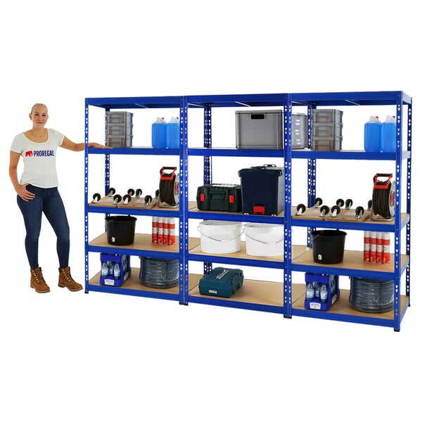 PROREGAL Mega Deal 3x Schwerlastregal Tiger HxBxT 180 x 90 x 60 cm Fachlast 265 kg 5-Ebenen Blau