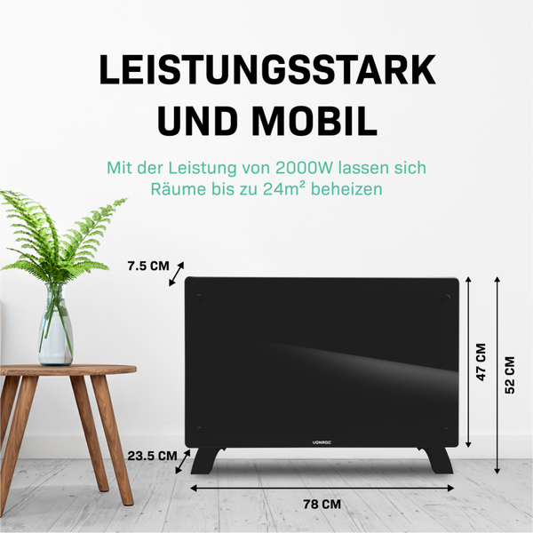 Schwarzer VONROC Heizkörper mit den Massen 78 cm Länge, 52 cm Höhe und 7.5 cm Tiefe