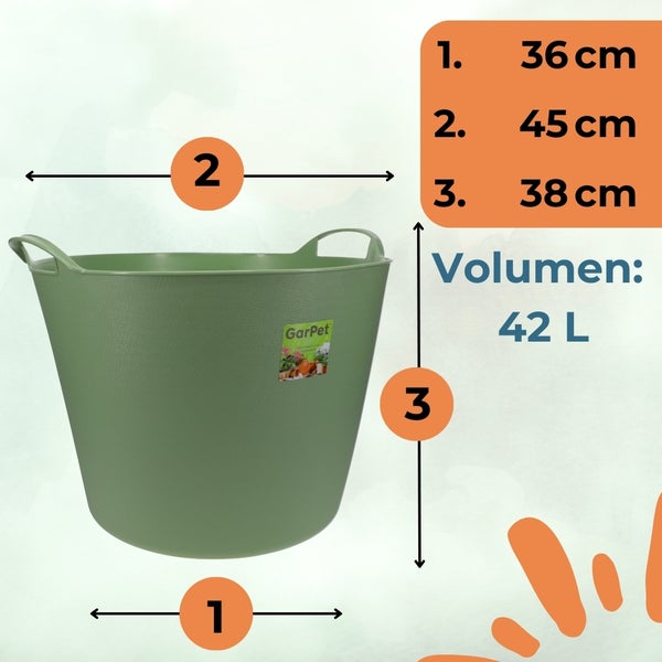 Abmessungen eines grünen GarPet Eimers mit einem Volumen von 42 Litern: 36 cm breit, 45 cm lang und 38 cm hoch.