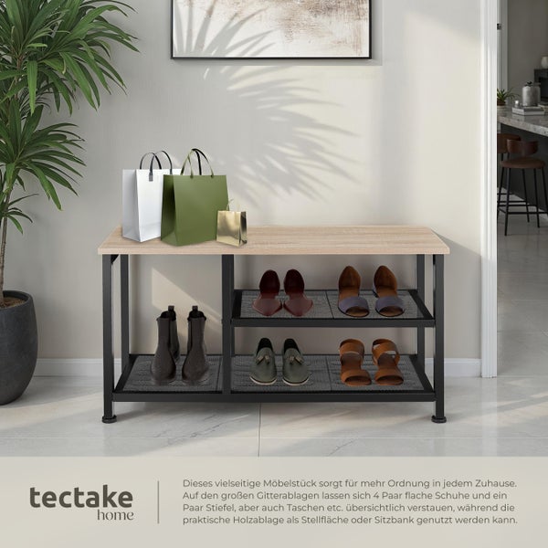 Schuhregal mit Sitzbank, Ablagefläche, Schuhen und Taschen