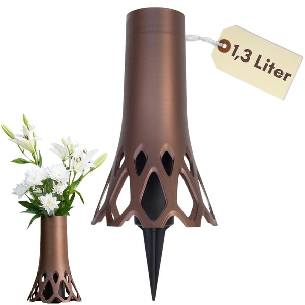 Dekorative Blumenvase aus Metall mit Erdspieß, circa 1,3 Liter