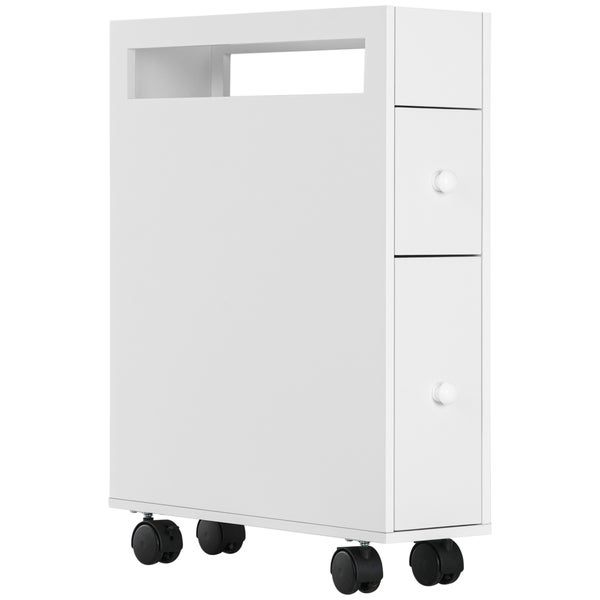 kleankin Badezimmerschrank mit Rollen, Nischenschrank mit 2 Schubladen, Badschrank mit offenem Fach, Badrollwagen, für Bad, 16 x 49,5 x 66 cm, Weiß