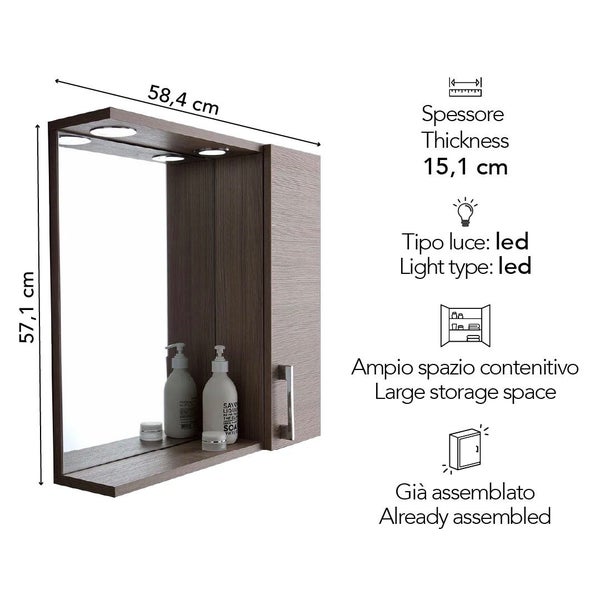 Badezimmer-Spiegelschrank mit LED-Beleuchtung, Maße 58,4 mal 57,1 mal 15,1 Zentimeter, viel Stauraum, bereits montiert.