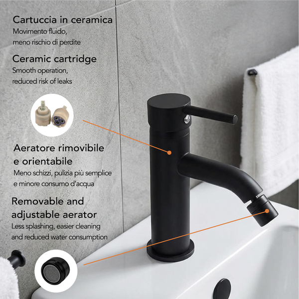 Schwarze Bidetarmatur mit Details zu Keramikkartusche und verstellbarem Luftsprudler zur Reduzierung von Spritzwasser.