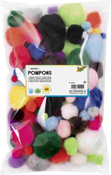 Folia  Pompons MIX BUNT, 100 Stück, Größen & farbig sortiert