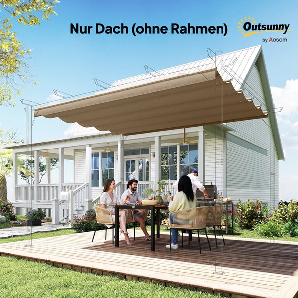Outsunny Ersatzdach für Pergola ohne Rahmen auf einer Terrasse mit Gartenmöbeln und speisenden Personen. Outsunny Logo.