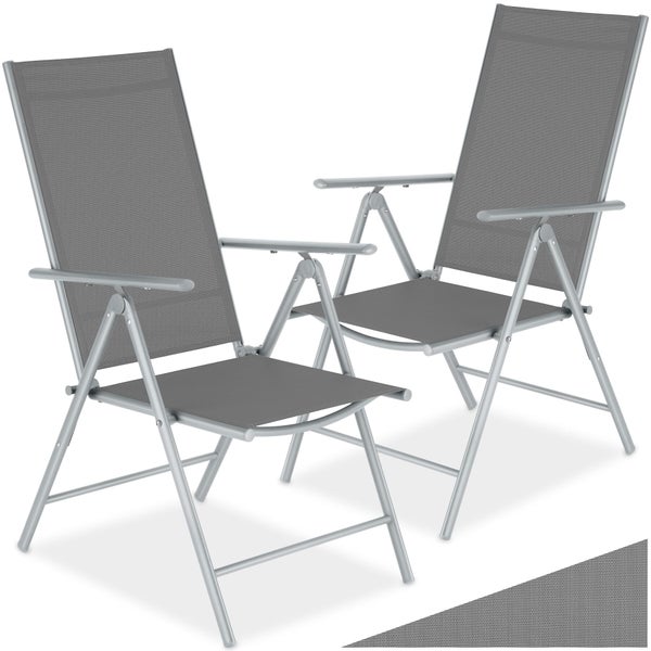 Zwei graue Garten-Klappstühle mit Hochlehner und Aluminiumgestell inklusive Detailansicht der Textilbespannung.