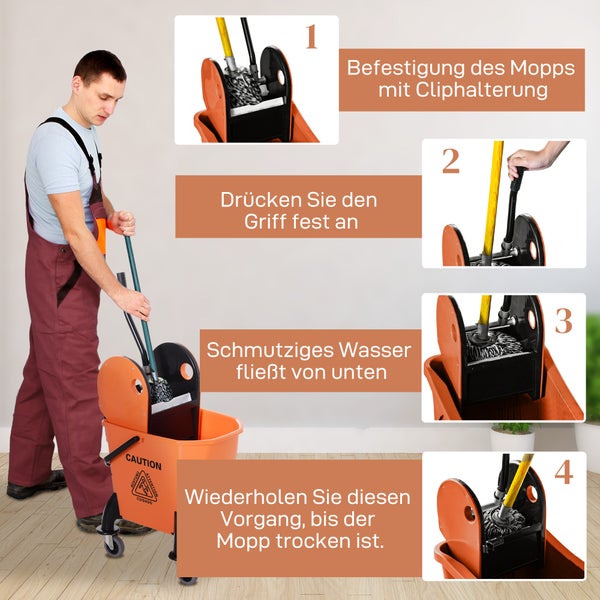HOMCOM Putzwagen Reinigungswagen mit Wringer 26 Liter Putzeimer Fahreimer Wischwagen, Haken für Mopp Haushaltswagen mit 4 Rollen Orange