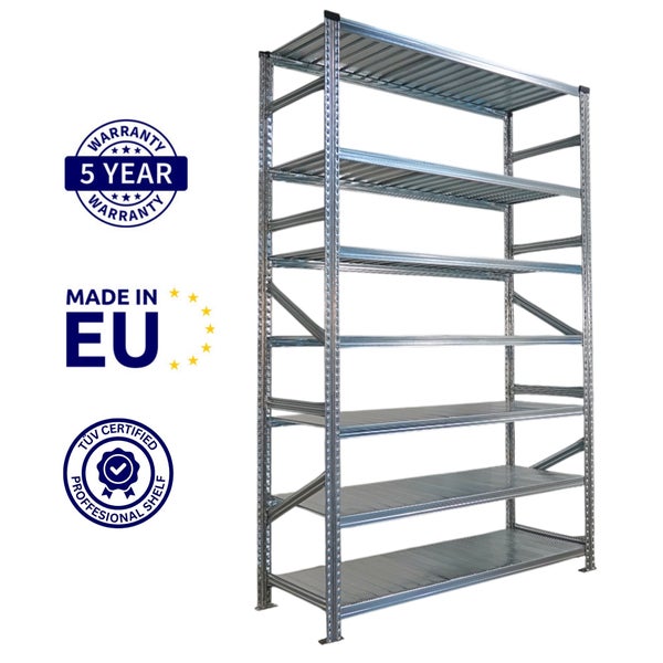 Metallregal mit sechs Regalböden, fünf Jahre Garantie, hergestellt in der EU, TÜV-geprüft