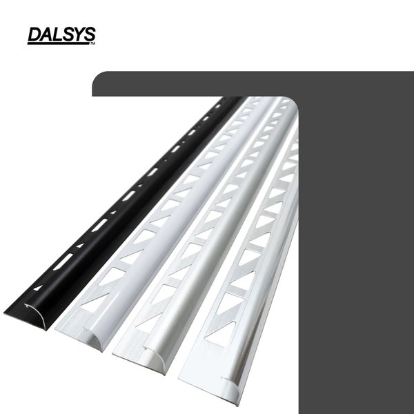 DALSYS Logo und Auswahl an Viertelkreisprofilen aus Aluminium für Fliesenabschlüsse in verschiedenen Oberflächen.