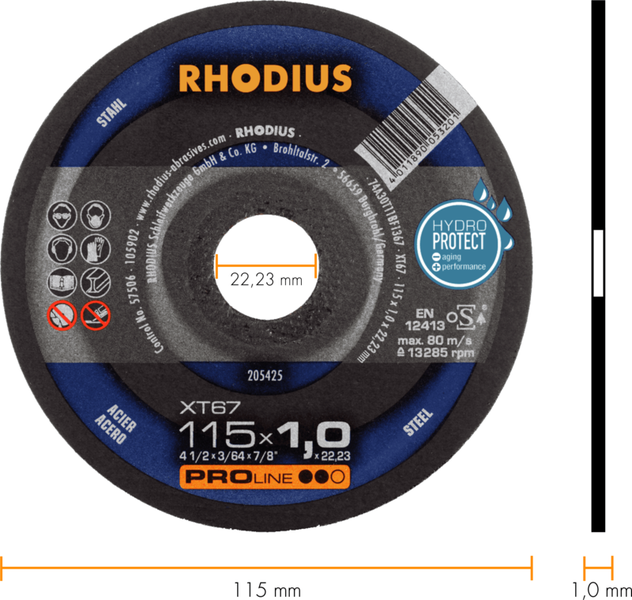 RHODIUS Trennscheibe XT67, 10 Stück, 115 x 1,0 x 22,23 mm für Stahl, Metall, PROline