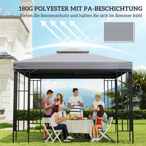 Pavillon mit grauem 180 Gramm Polyesterdach und schwarzem Metallgestell, Personen essen darunter in einem Garten.