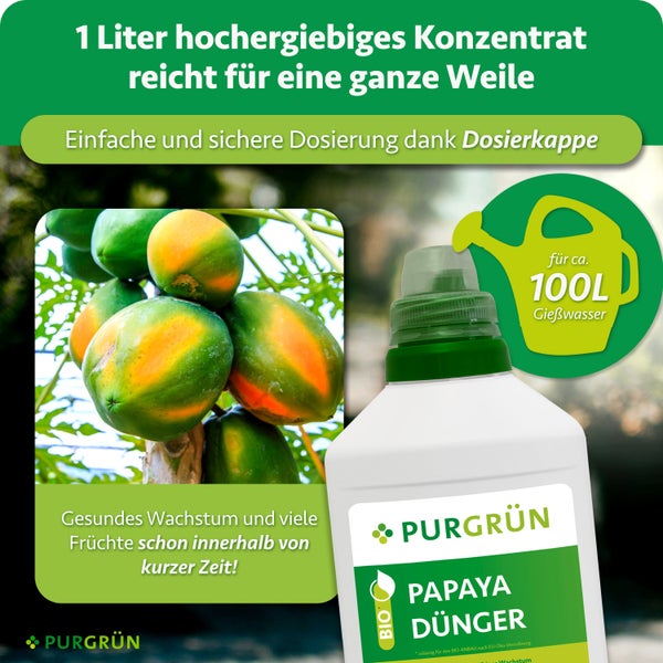 Anleitung zur Anwendung von Purgrün Flüssigdünger mit Dosierkappe, Dosierschritten und Anwendungszeitraum von März bis Oktober.