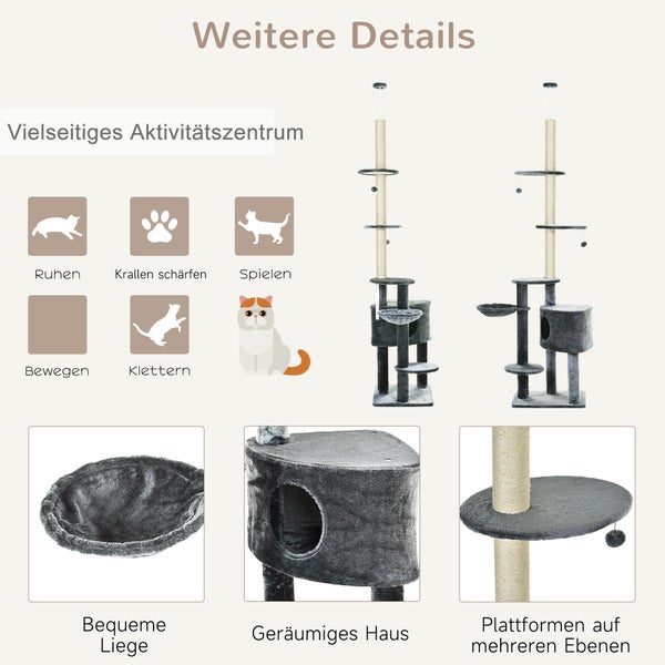 PawHut Kratzbaum Deckenhoch Höhenverstellbar 220-265cm Katzenbaum mit Sisalsäulen, Spielball, Höhenverstellbarer Katzenkratzbaum, Katzen Kletterbaum mit Katzenbett, Katzenhaus, Dunkelgrau