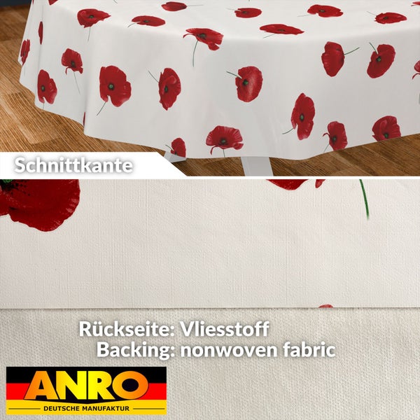 Rundes Wachstuch mit Mohnblumen-Muster, Vliesrückseite und Schnittkante, ANRO Logo.