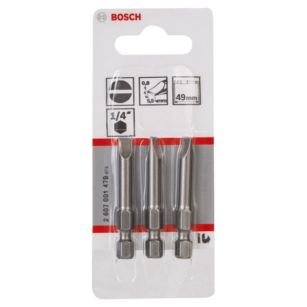 Bosch Logo. Packung mit drei Schlitzschrauberbits, 49 mm lang und 1/4 Zoll Aufnahme.