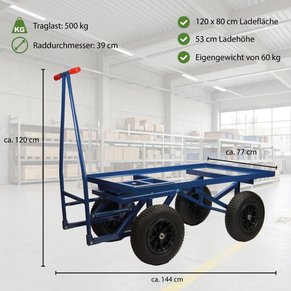 Transportwagen mit 500 Kilogramm Traglast, 120 x 80 Zentimeter Ladefläche und großen Rädern, geeignet für den Einsatz im Lager.