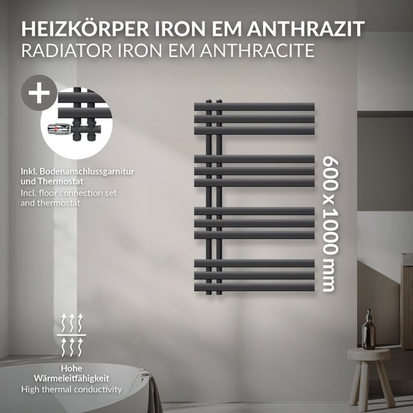 LuxeBath Badheizkörper Iron EM 600x1000 mm Anthrazit Mittelanschluss mit Anschlussgarnitur Thermostat Durchgang Boden, Design Heizkörper Bad Heizung Handtuchwärmer Handtuchtrockner Handtuchheizkörper