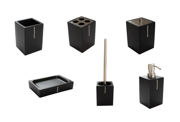 Badezimmer-Set aus Seifenspender, Seifenschale, Zahnputzbecher, Zahnbürstenhalter, Toilettenbürste und Kosmetikeimer in Schwarz mit Strassbesatz.
