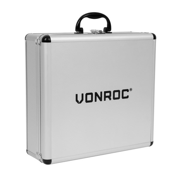 Silberner VONROC Werkzeugkoffer aus Aluminium mit Tragegriff und verstärkten Ecken.