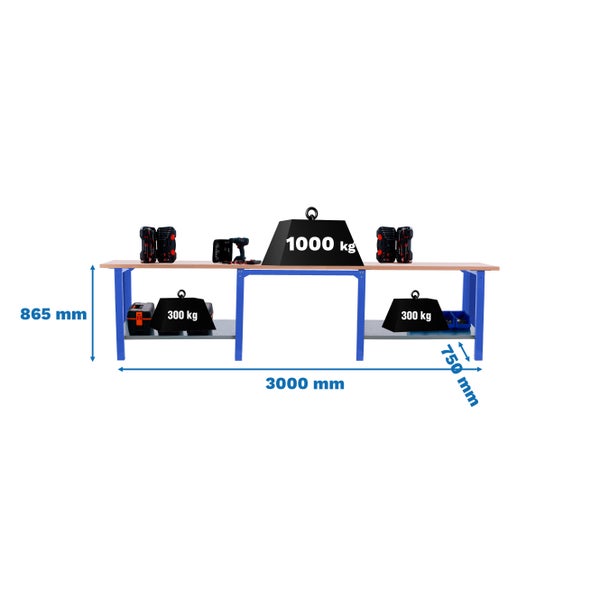 Werkbank BUFFALO WOOD | HxBxT 86,5x300x75cm | Traglast 1000kg | Blau