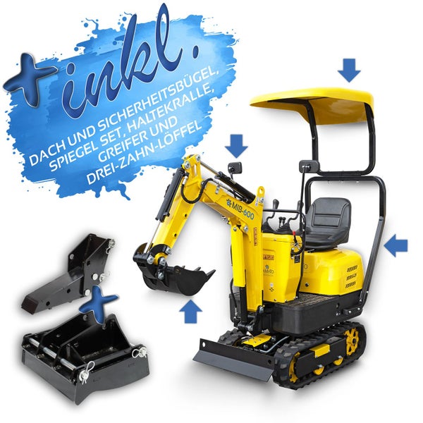 BAMATO Minibagger MIB-600 - Kompakter Mini-Bagger mit Zubehörset für Garten und Baustelle