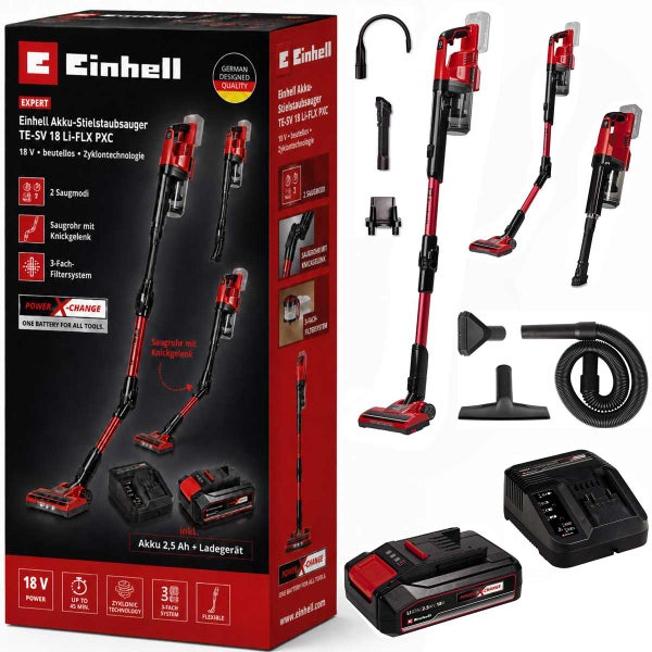 Einhell Akku-Stielstaubsauger mit Knickgelenk, Zyklontechnologie und 3-Fach-Filtersystem, inklusive 18 Volt Akku, Ladegerät, Wandhalterung und Düsen.