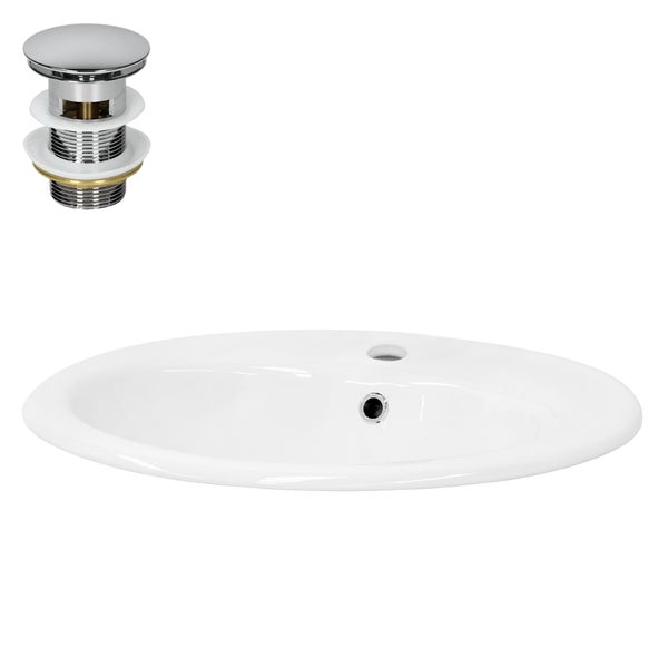 ML-Design Waschbecken Keramik Weiß glänzend 57x19,5x48,5cm Oval inkl Ablaufgarnitur Einbauwaschbecken mit Überlauf Badezimmer Aufsatzwaschbecken Einbauwaschtisch Waschschale Waschplatz Handwaschbecken