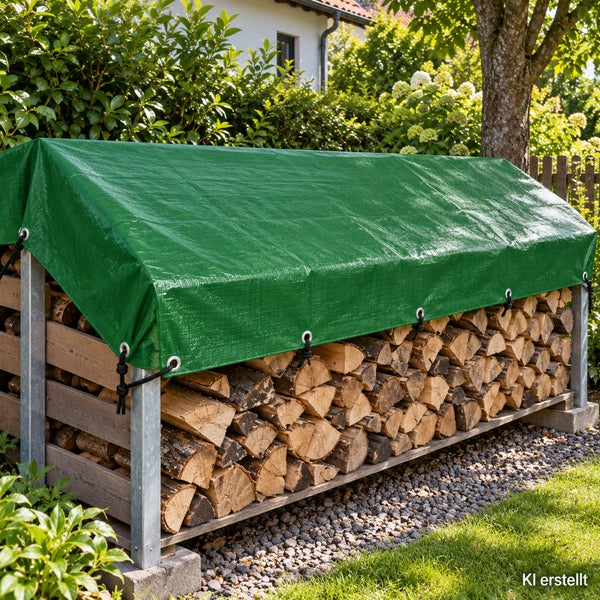 Holzregal mit Brennholz und einer schützenden Abdeckplane im Garten auf einer Kiesfläche.