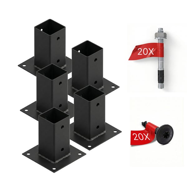 5 schwarze Pfostenträger aus Metall inklusive 20 Bolzenankern und 20 Schrauben für quadratische Holzpfosten.