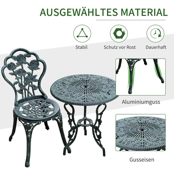 Garten-Bistro-Set aus Aluminiumguss und Gusseisen mit Stuhl, Tisch und Rosenmotiven. Symbole für Stabilität, Rostschutz und Haltbarkeit.
