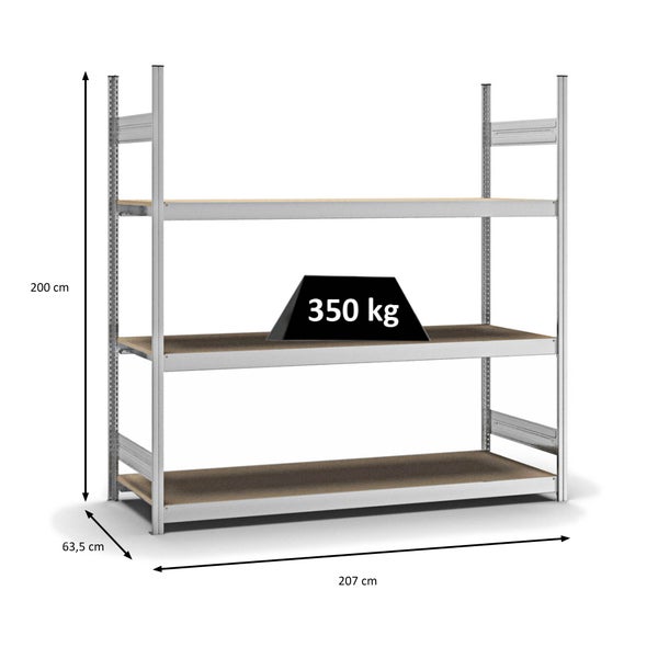PROREGAL Weitspannregal Stecksystem T-Profil Grundregal HxBxT 200x200x60 cm 3 Ebenen Spanplatten Fachboden Fachlast 350 kg Verzinkt