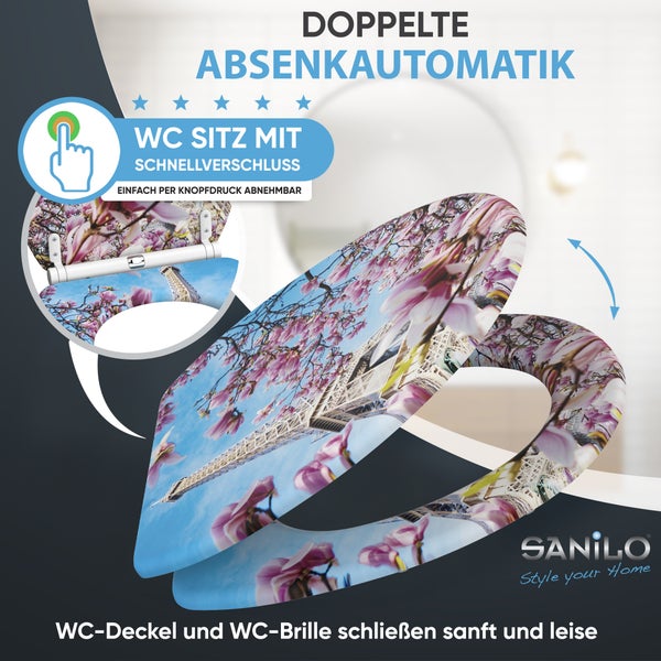 Sanilo WC Sitz mit Motiv Eiffelturm und Magnolien, Absenkautomatik und Schnellverschluss zur einfachen Reinigung