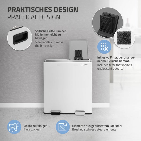 ML-Design Mülleimer Küche 2x 30L (60L), Weiß, Mülltrennsystem 2 Fächer, Treteimer zur Mülltrennung, Abfalleimer aus Stahl, herausnehmbarer Inneneimer aus Kunststoff, Klappdeckel, Softclose, luftdicht