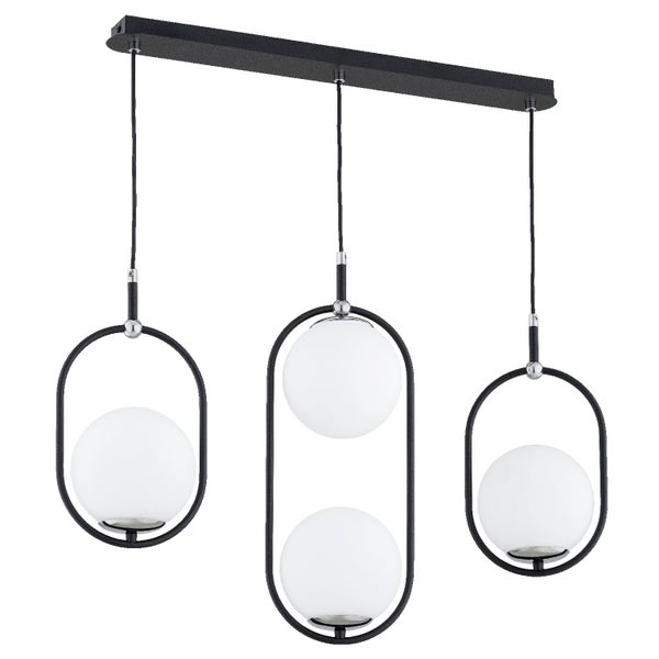 Moderne Pendelleuchte mit drei Metallrahmen und vier kugelförmigen Glasschirmen für die Deckenmontage