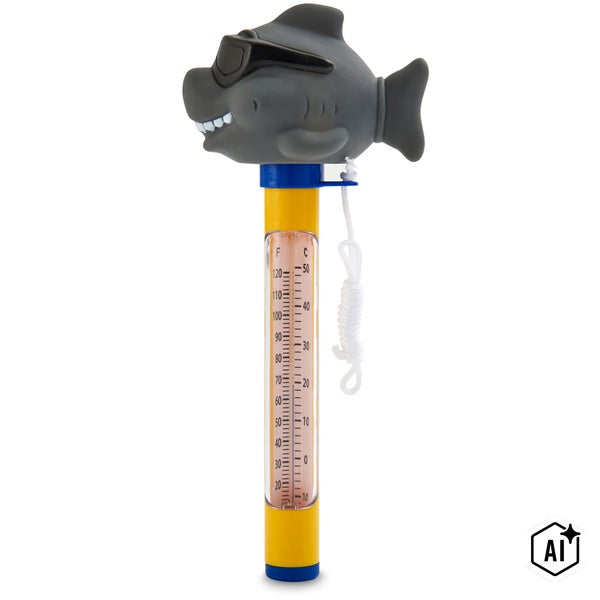 Schwimmbadthermometer in Haiform mit Sonnenbrille und Befestigungsschnur zur Wassertemperaturmessung.