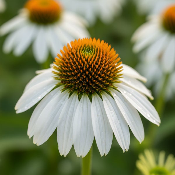 Nahaufnahme eines weißen Sonnenhuts mit einem orange-braunen Blütenkorb und Wassertropfen auf den Blütenblättern in einem Garten.