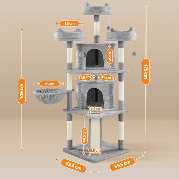 Grauer Kratzbaum mit mehreren Ebenen, Kratzsäulen, Höhlen und Liegeflächen mit Größenangaben