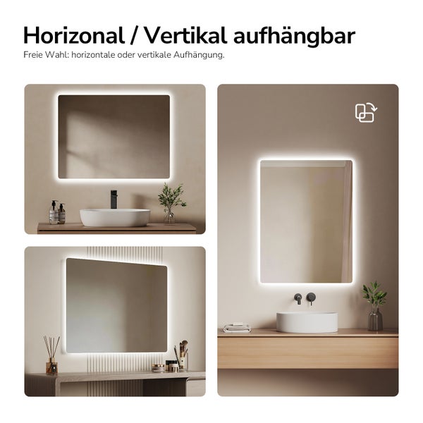 Rechteckiger LED-Badezimmerspiegel mit abgerundeten Ecken, abgebildet in horizontaler und vertikaler Montage über Waschbecken und Schminktisch.