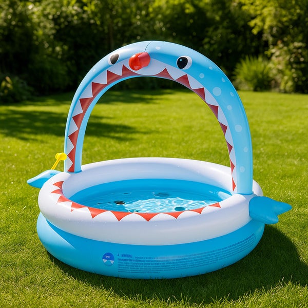 Aufblasbares Planschbecken für Kinder mit integriertem Sonnenschutz im Haifisch Design für den Garten