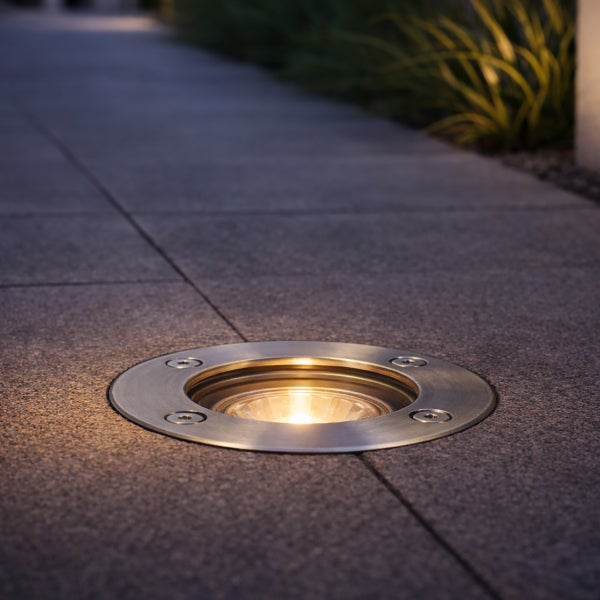 Runder Bodeneinbaustrahler aus Edelstahl, bündig in Steinplatten eingebaut, spendet Licht für die Wegbeleuchtung im Garten.