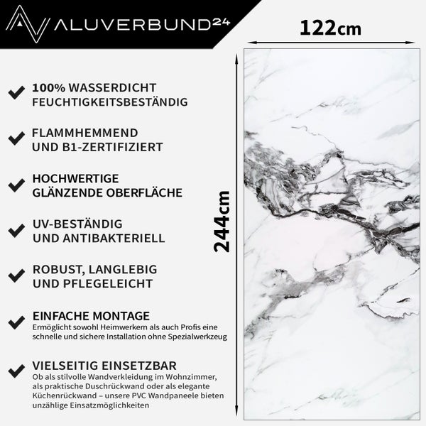 PVC Wandpaneel mit Marmoroptik, 122 x 244 cm, wasserdicht, feuchtigkeitsbeständig, schwer entflammbar und B1-zertifiziert