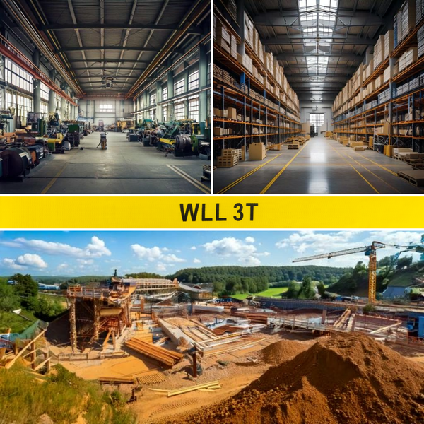 Collage zeigt Einsatzbereiche für Hebezeuge mit einer Tragfähigkeit von 3 Tonnen in einer Fabrikhalle, einem Lagerhaus und auf einer Baustelle.