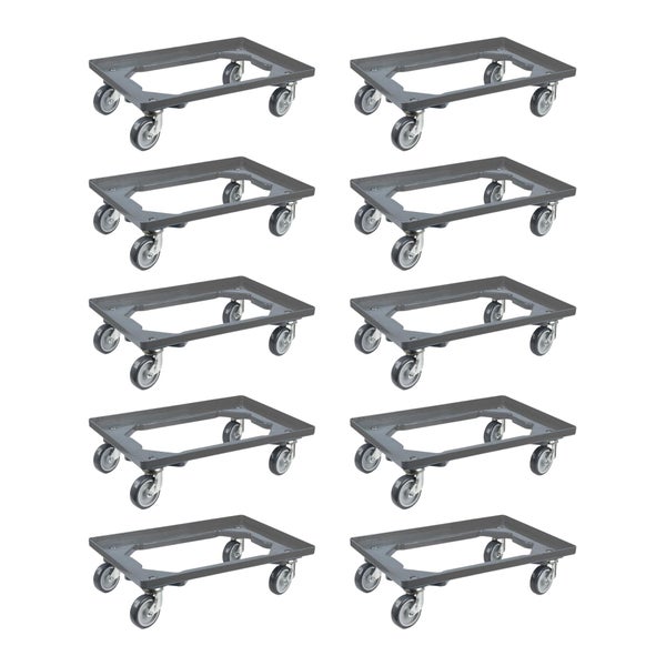 PROREGAL SparSet 10x Transportroller für Euroboxen 60 x 40 cm mit Gummiräder Grau Offenes Deck 4 Lenkrollen Traglast 300 kg